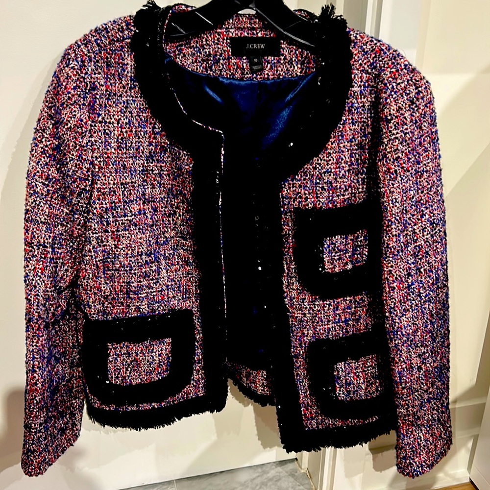 J. Crew Tweed Lady Jacket with Black Sequin Fringe Trim